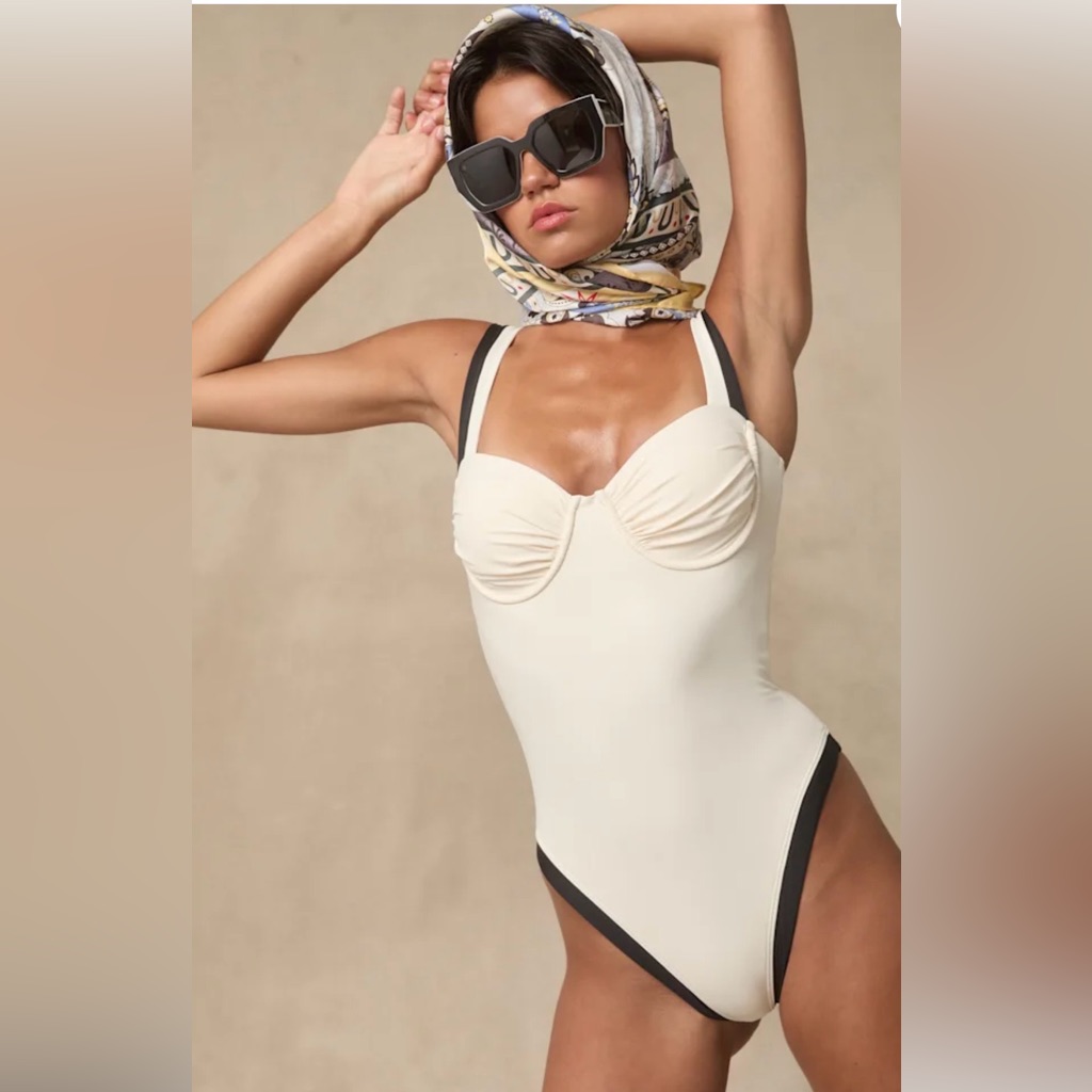 Lulu's Cream One-Piece Swimsuit With Black Trim